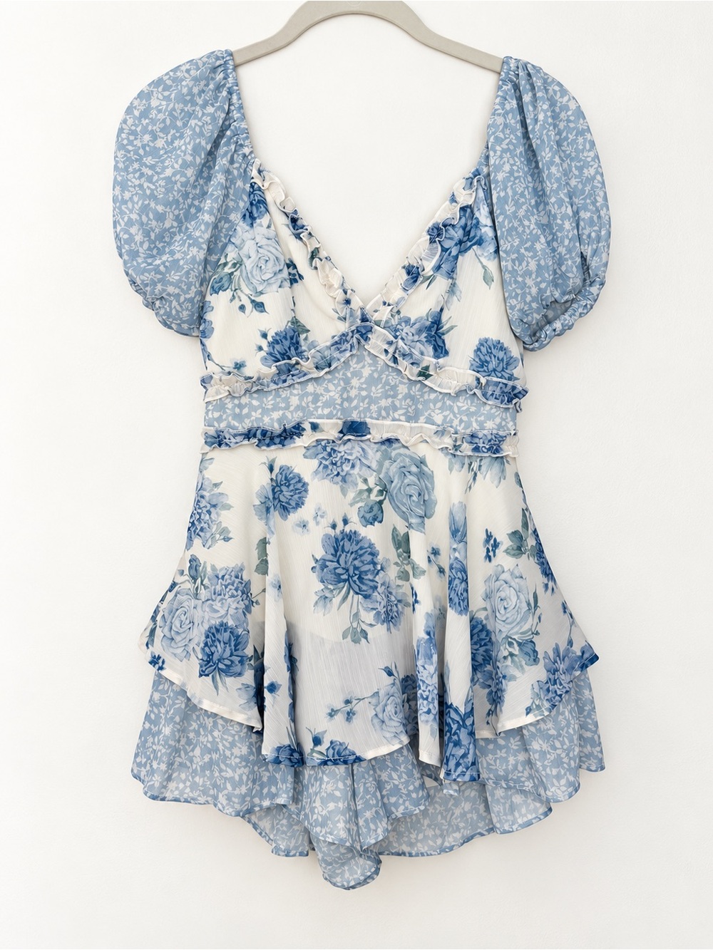 Altar’d State Blue Floral Ruffle Romper XS
